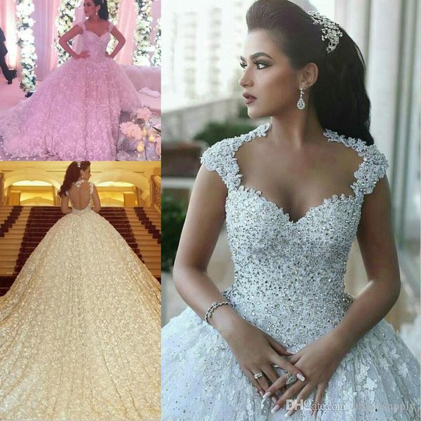 

robe de mariage новые бальные платья свадебные платья 2019 иллюзия шапка рукава собор поезд аппликации кружева свадебные платья, White