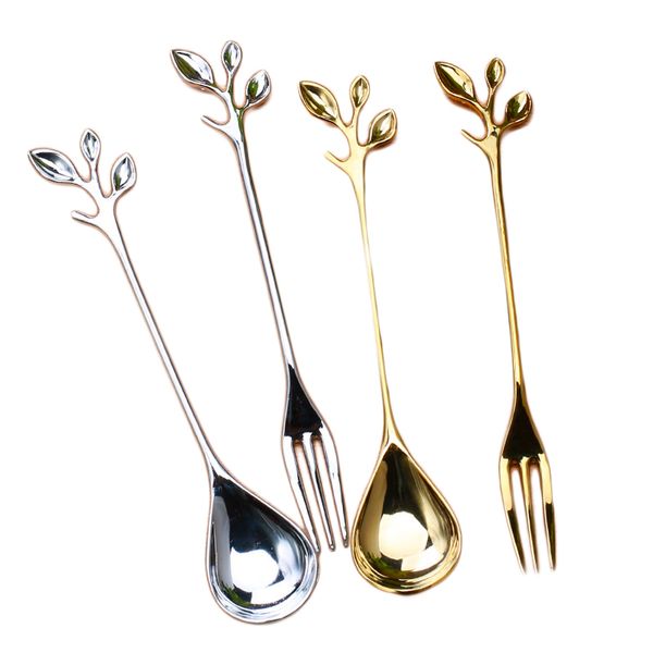 

flatware sets fruit fork spoon gold and silver tableware kitchenware dessert ice cream northern europe maple tree style dinnerware 4pcs/set
