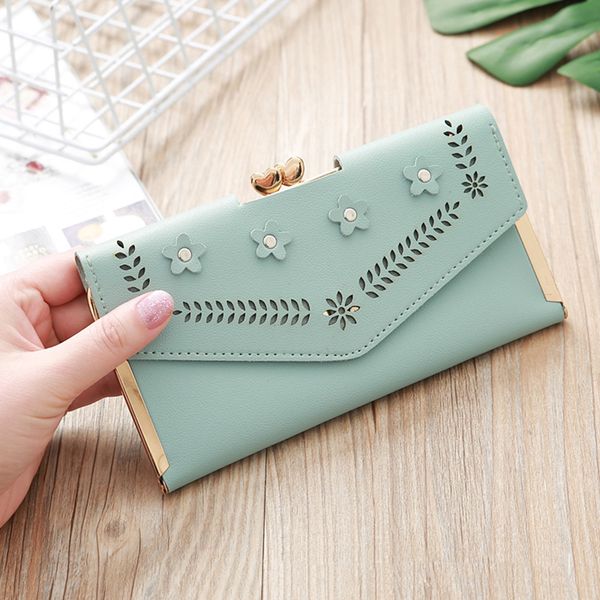 

2019 hollow out leaf women wallet long pu leather women purse korean style ladies wallet clutch beautiful card holder, Red;black
