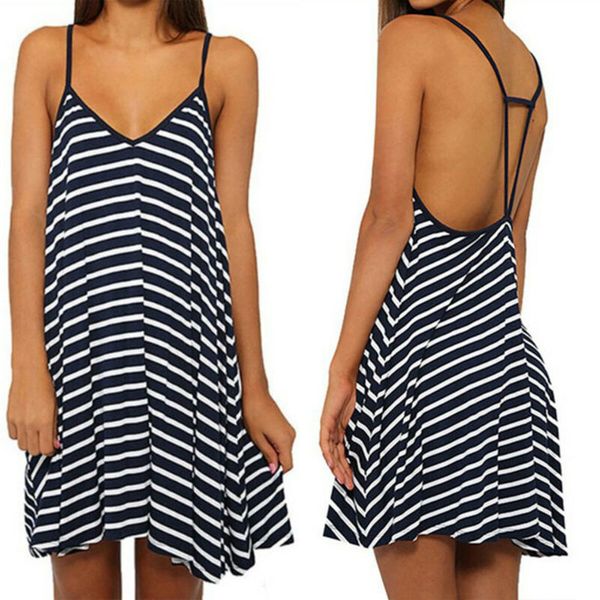 

womens strappy v neck striped mini dress loose summer beach slip swing sundress, Black;gray