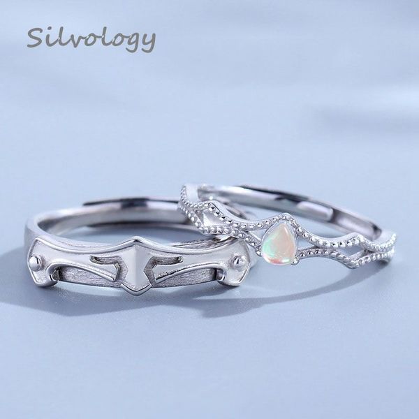 

silvology princess and knight moonstone couple rings original 925 sterling silver wedding rings for women romantic jewelry gift, Slivery;golden