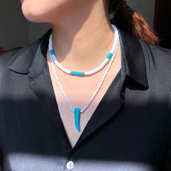

exaggerated soft pottery round female rice bead necklace two-layer combination necklace turquoise ox horn pendant sweater chain, Silver