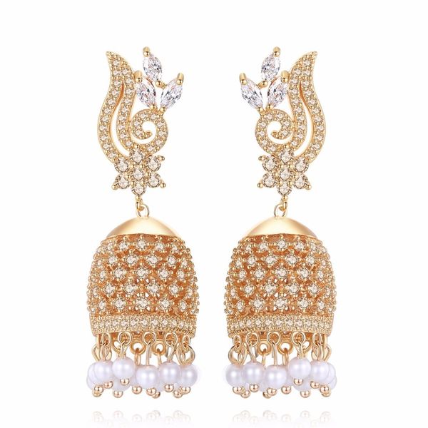 

india bollywood luxury jhumki earrings artificial pearls golden plated champagne golden chandelier earrings india bride jeweller, Silver