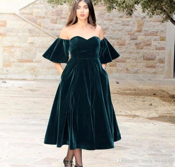 2019 Günstiges dunkelgrünes Abendkleid Arabisch Schulterfrei Samt Formale Urlaubskleidung Abschlussball-Partykleid Nach Maß Plus Size