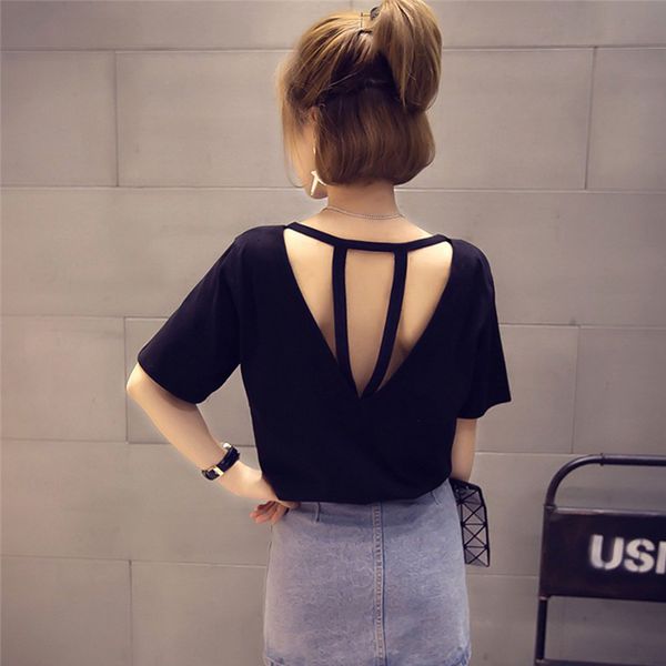 

футболка женская одежда конструктора sexy backless выдалбливают tops лето с коротким рукавом сплошной цвет сыпучие тенниска вскользь tee fem, White