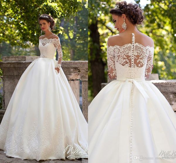 

long sleeves wedding dresses sheer neckline appliques sweep train chapel country bridal gowns vestido de noiva plus size 2019, White