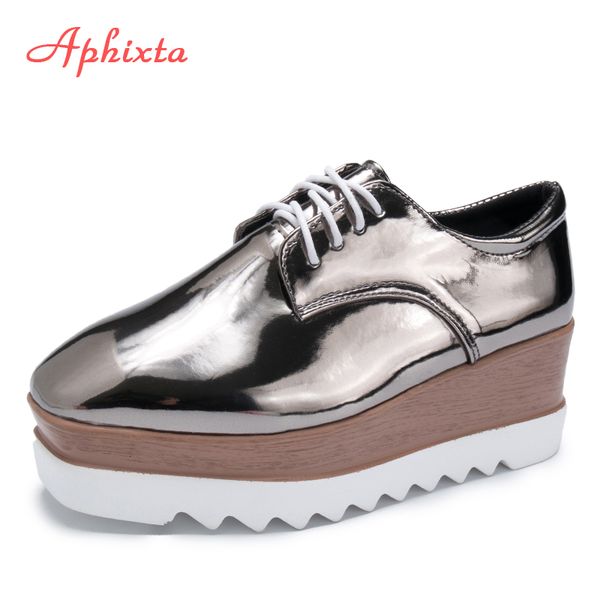 

aphixta flat platform shoes woman lace-up square heel shoes casual women's ladies zapatos mujer creepers footwear, Black