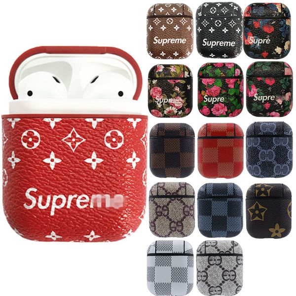 

Leather pouch cover flower print checkerboard hol ter protective hell for airpod bluetooth earphone anti drop torage bag