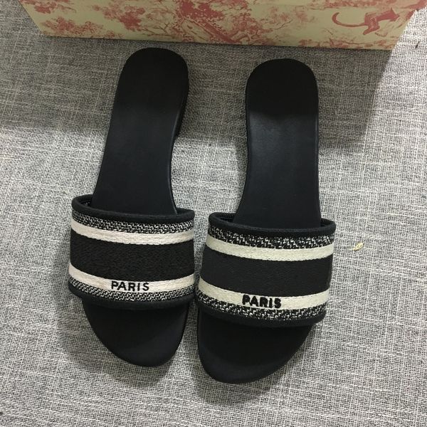 

luxury designer leather blue red stripes sandals denim ladies summer flat slipper outdoor beach woman flip flops rainbow letters, Black