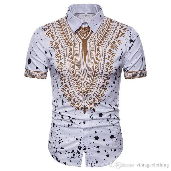 

african printed white black shirt men new slim fit short sleeve casual mens dress shirts -3xl