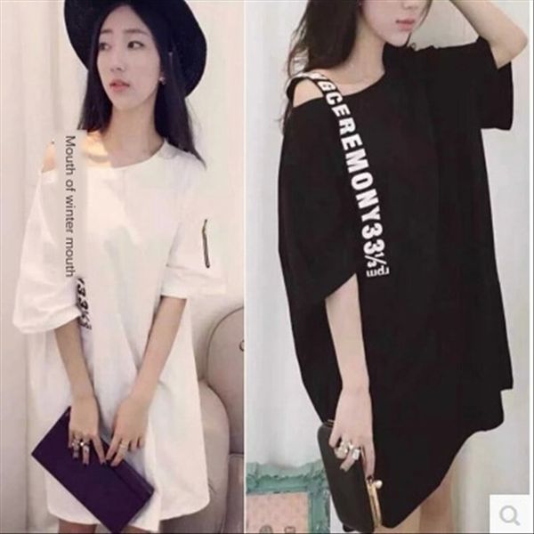 

summer 2020 personalized single shoulder sling t-shirt sling dress letter loose medium and long t-shirt dress for women, White
