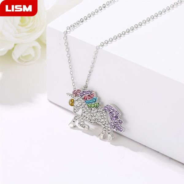 

trendy gifts animal unicorn rhinestone necklace girls rainbow necklaces & pendants women accessories for women, Silver