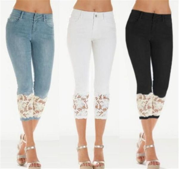 

lace slim womens jeans skinny designer capris ladies jeans fashion solid color blue trousers