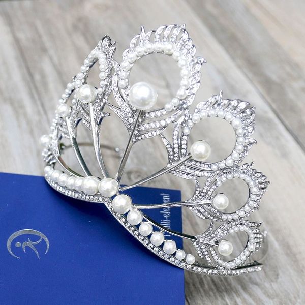 

big silver simulated pearl rhinestone diadem pageant full round peacock feather tiara and crown bride hair jewelry ornaments bh, Golden;white