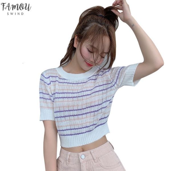 

2020 womens korean style casual o neck striped short sleeve polyester slim crop knitted t shirt women camisetas verano, White