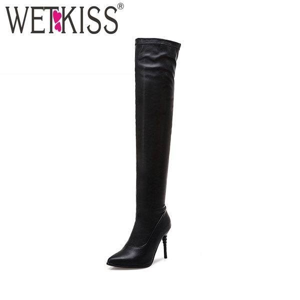 

wetkis thin high heels women boots stretch boot pointed toe female shoes strange style winter warm footwear big size 32-50, Black
