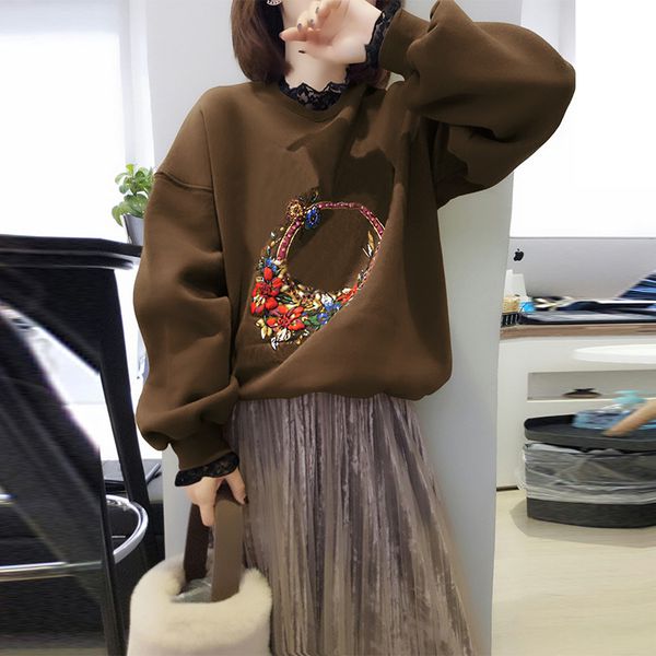

korean flower embroidery sweatshirt hoodies women loose long sleeve lace neck patchwork casual pullover sudadera mujer, Black