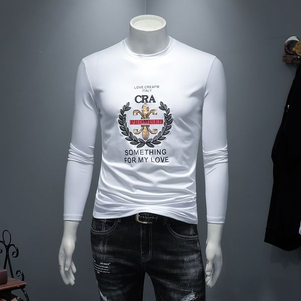 

2020 autumn new tide men's long-sleeved t-shirt cotton sequin embroidered shirt trend youth undershirt tide, White;black