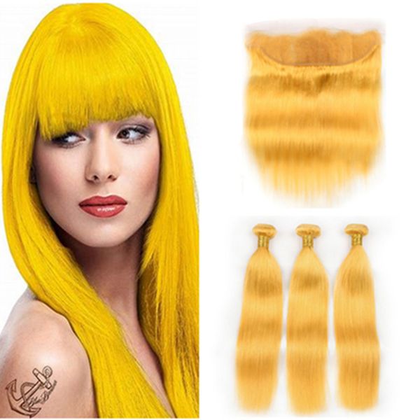 

Yellow color peruvian virgin human hair weft with part frontal traight 3bundle yellow hair weave with 13x4 lace frontal clo ure