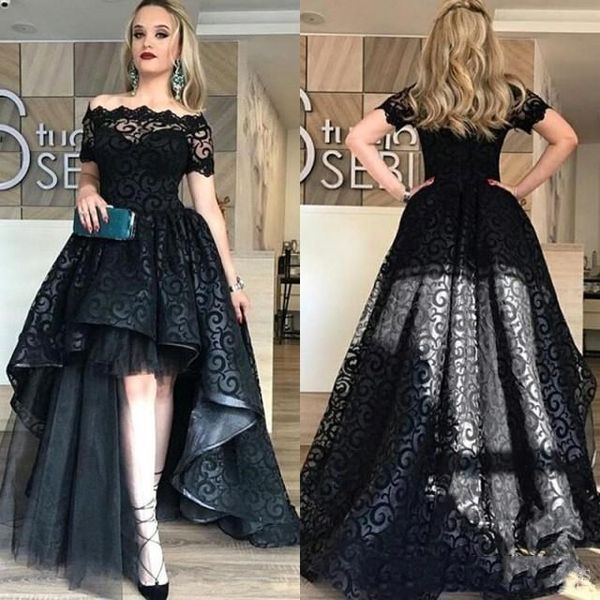 

Modest Black High Low Lace Prom Dresses Bateau Short Sleeve A Line Short Front Long Back Evening Party Pageant Gowns Cheap Vestidos, Green