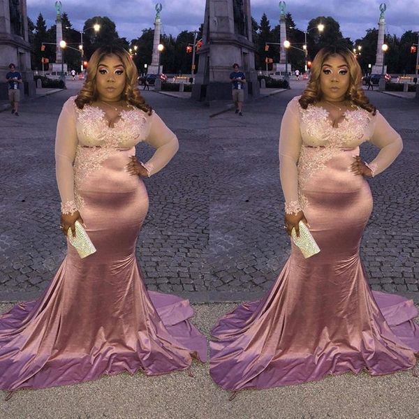 

2020 pink simple plus size mermaid prom dresses long sleeve lace applique v neck sweep strain formal evening dress party gowns
