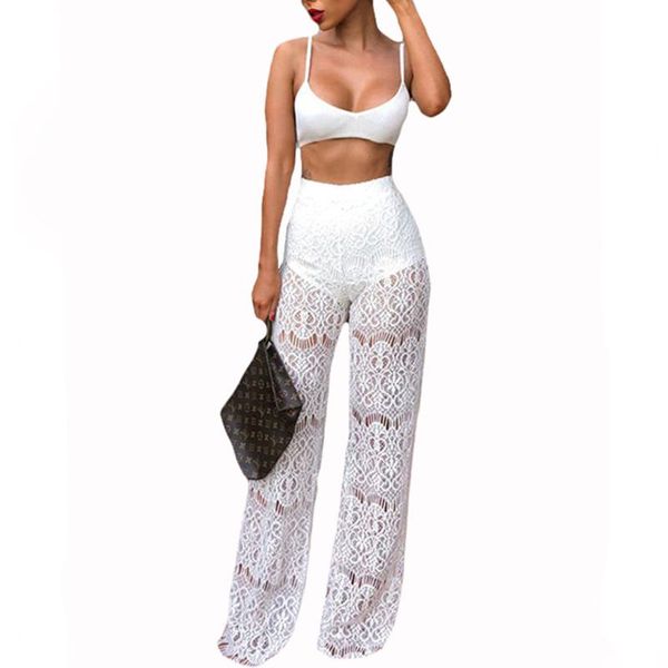 

women 2 piece outfit ribbed knitted bralette crop high waist sheer floral lace wide leg long pants night party clubwear, Black;red