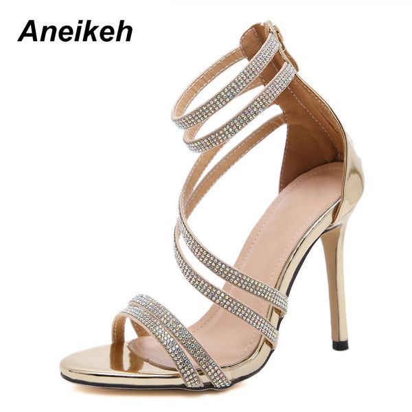 

aneikeh gold bling crystal women open toe rhinestone straps cross high heel sandals wedding dress shoes size 35-40 y200323, Black