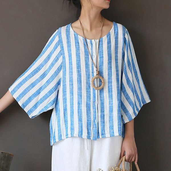 

women striped shirt cotton linen o-neck summer new vintage o-neck seven sleeve blouses loose button shirts, Red