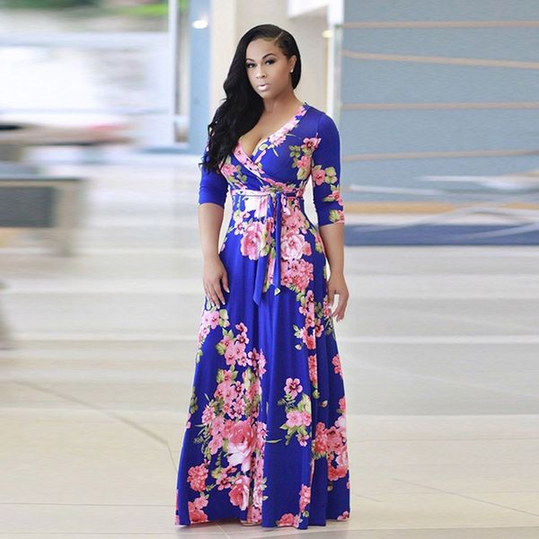 

new fashion elegant v neck women robe dress half sleeve floral print long dress female loose maxi vestidos large size 5xl, Black;gray