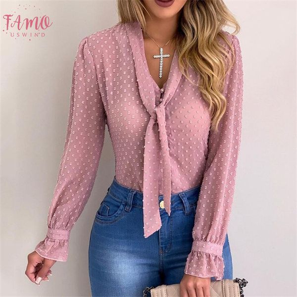 

womens and blouses elegant long sleeve ol shirt ladies v neck polka dot blusa feminina party transparent classic streetwear, White