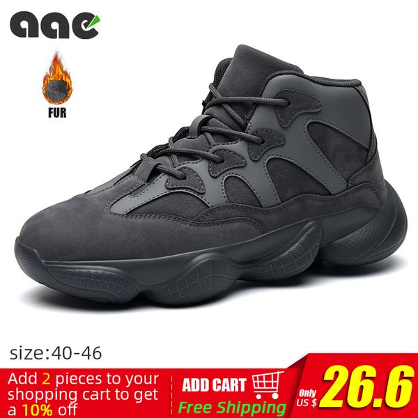 

2020 men's boots for man sneakers keep warm fur leather ankle snow boots zapatos de hombre fashion cow suede dropshipping, Black