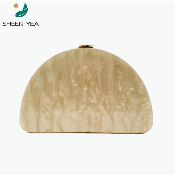 

new fashion women solid beige acrylic evening bag cute semicircle dinner handbags trendy party clutch lady shoulder bags hardbox