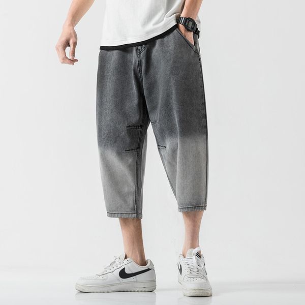 

summer short jeans men's fashion washed contrast retro casual jeans cropped trousers men streetwear loose hip hop gradient, Blue