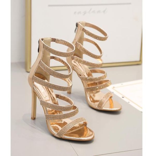 Vendita calda sexy oro multi cinturino con tacco a spillo glitter sandali con strass sandali firmati da donna scarpe da sposa taglia dalla 35 alla 42