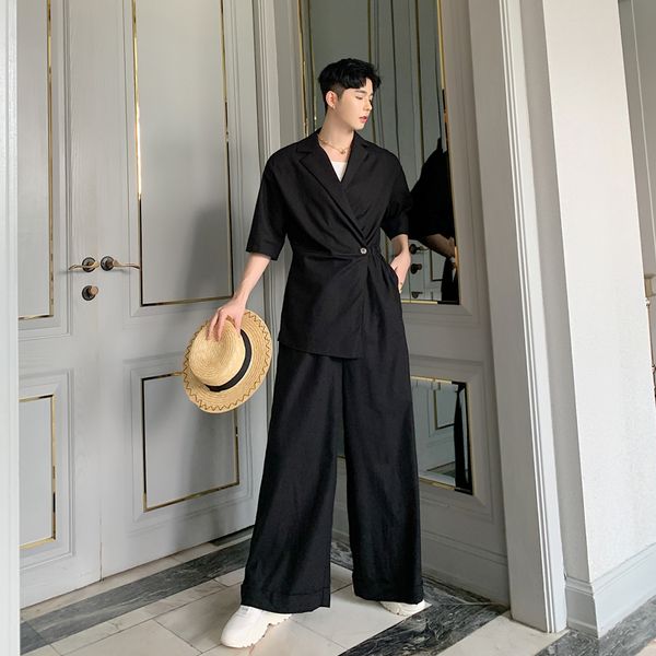 

men short sleeve casual cotton linen jumpsuits wide leg pants male women japan streetwear vintage pant overalls trousers, Black