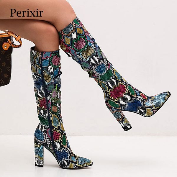 

2019 autumn new women boots fashion snakeskin heels toe zip thick pointed toe shoes woman serpentine thigh high boots, Black