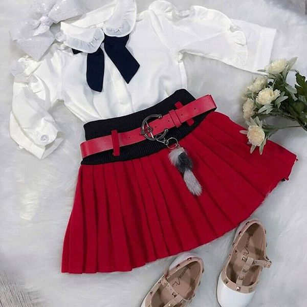 

2pcs kids baby girl cloth sweet skirt long ruffle sleeve bow-knot +pleated skirt clothes formal 2019 clothing costume