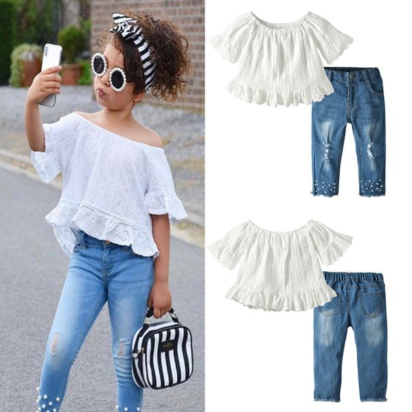 

girl kids clothes set a word collar lace t-shirt +pearl denim pants jean 2pcs children clothing kids designer clothes girls dhl jy343, White