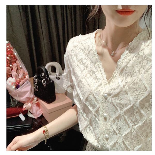 

women solid chiffon blouses wave v neck pearl button short lace sleeve casual blouse woman ladies holiday shirt blouse, White
