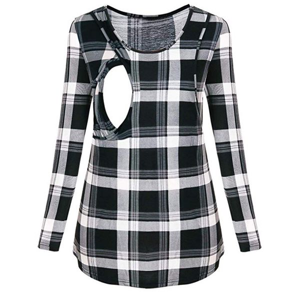 

long sleeve plaid print hooded sweater women's nursing maternity long sleeves plaid breastfeeding sweatshirts clothes, White