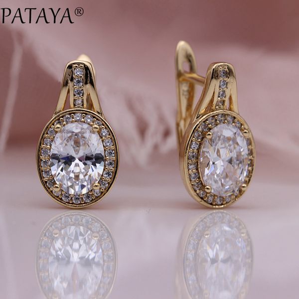 

pataya new oval natural zircon micro-wax inlay earrings 585 rose gold women hollow dangle earrings luxury party fashion jewelry, Golden