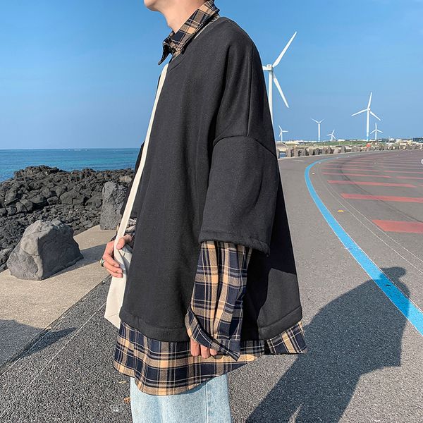 

autumn new hoodies men fashion casual lattice stitching lapel pullover man streetwear hip hop loose fake two-piece sweatshirt, Black