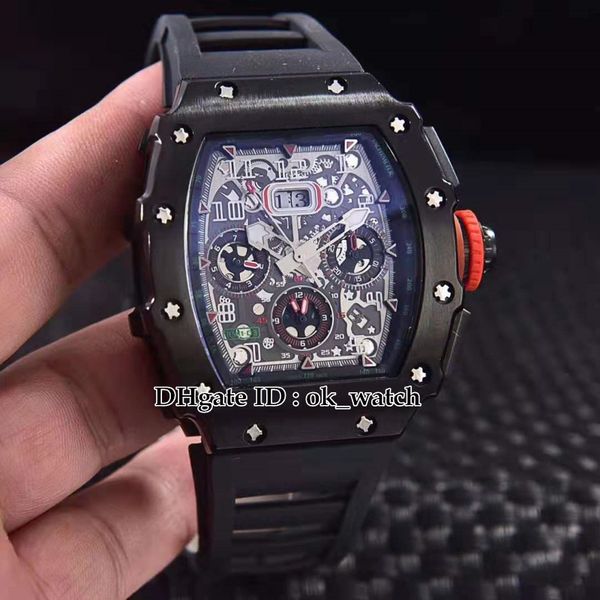 

flyback chrono skeleton dial miyota automatic 11-03 mens watch big date pvd black steel case rubber strap new sport watches, Slivery;brown