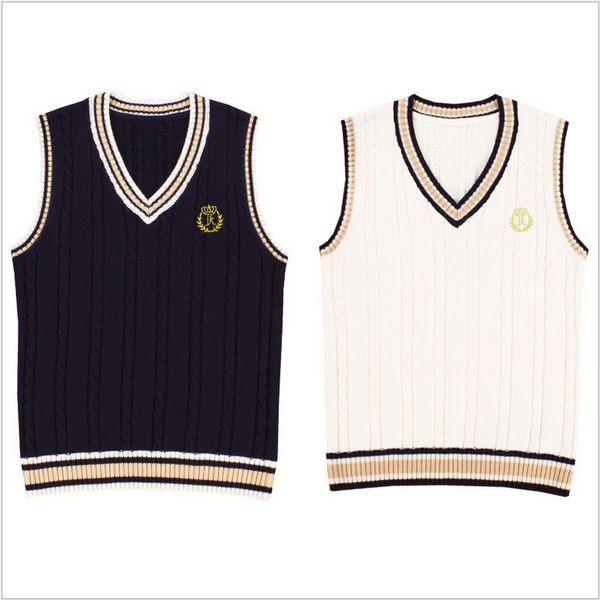 

british preppy style v-neck vest jk school uniform sleeveless sweater letters embroidery cotton black & white, White;black