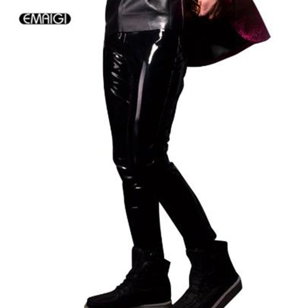 

customize men leather pant male fashion casual hip hop slim fit skinny trousers locomotive pants stage show costumes, Black