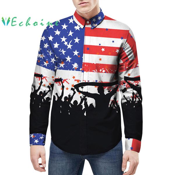 

echoine creative flag stripe printing man shirts long sleeve mens long sleeve shirt casual turn down flag pattern blouse, White;black
