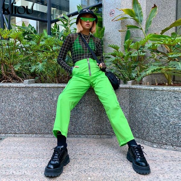 

ladies pants 2019 new green women cargo pants high waist zipper fly workout street fluorescence green pants pockets trousers, Black;white