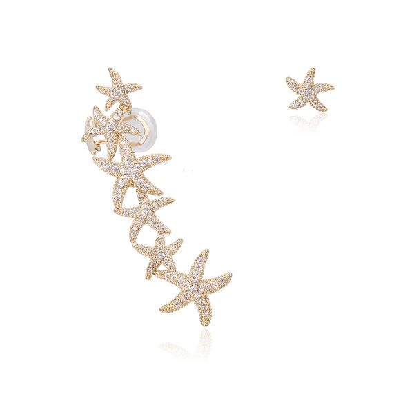 

very girl gold plating full pave cubic zircon crystal asymmetry starfish ear cuff clip earrings for women star earrings, Silver