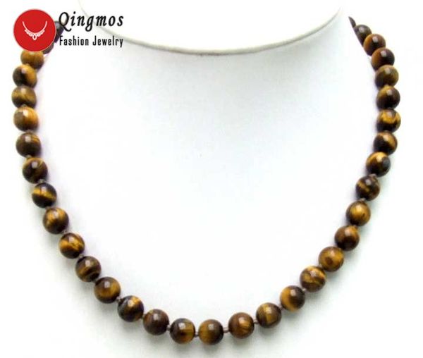 

qingmos natural tiger's eye stone necklace for women with 10mm round brown tiger's eye chokers 17" jewelry colar collier n564, Silver