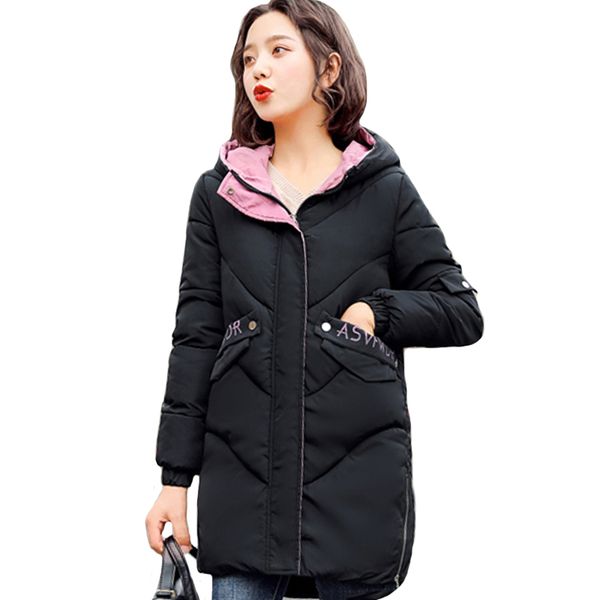 

2019 winter jacket women hooded 5 colors padded female long coat solid parka chaqueta mujer invierno, Tan;black